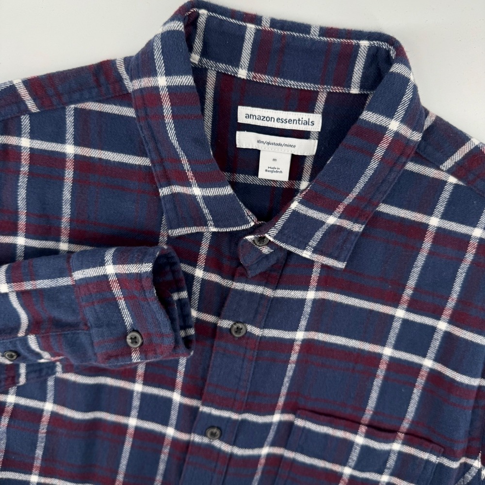 Amazon Essentials Mens Size Medium Slim Fit Flannel Shirt‎ Navy Burgundy Plaid